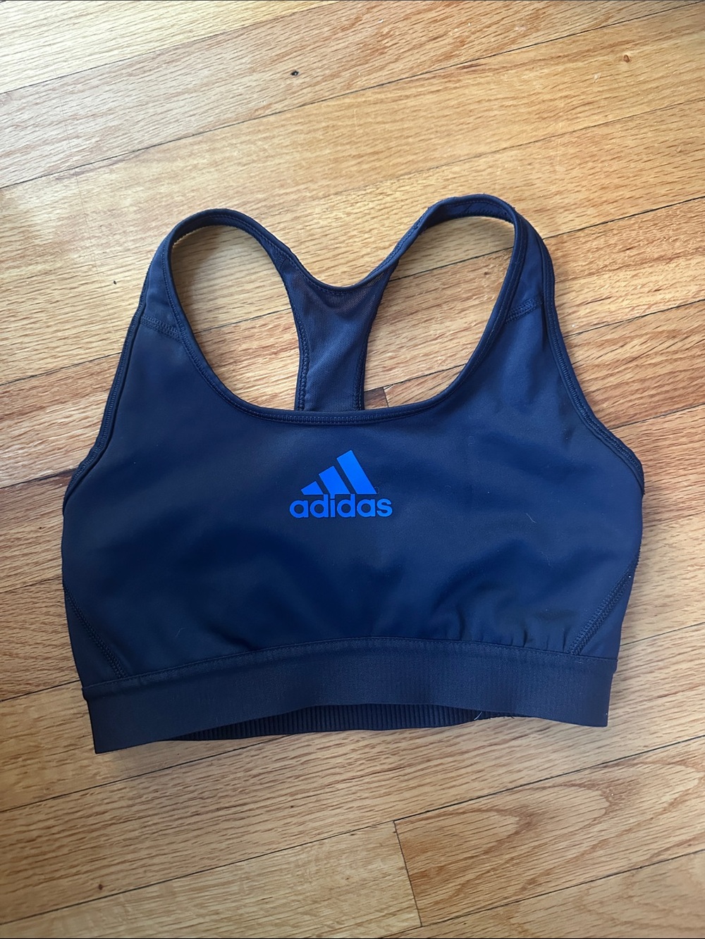 adidas Navy Blue Racerback Sports Bra with Bright Blue Logo